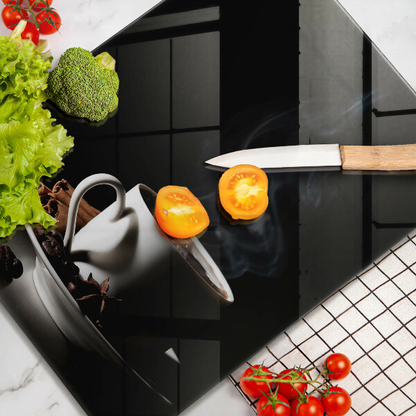 Cutting board A cup of hot coffee