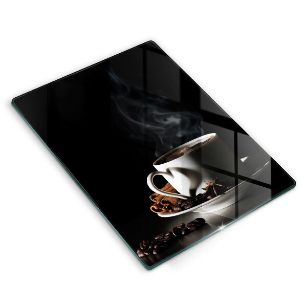 Cutting board A cup of hot coffee