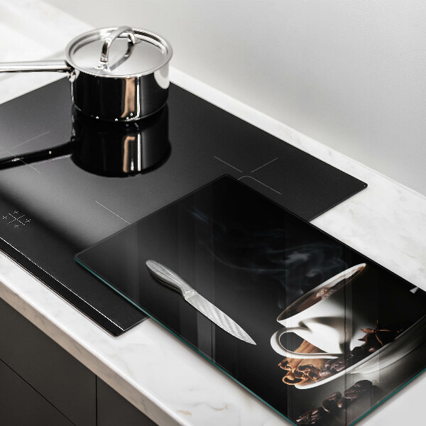 Cutting board A cup of hot coffee