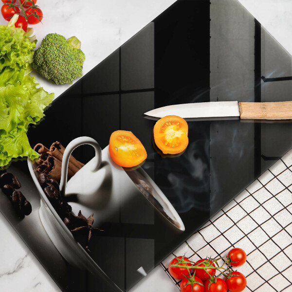 Cutting board A cup of hot coffee