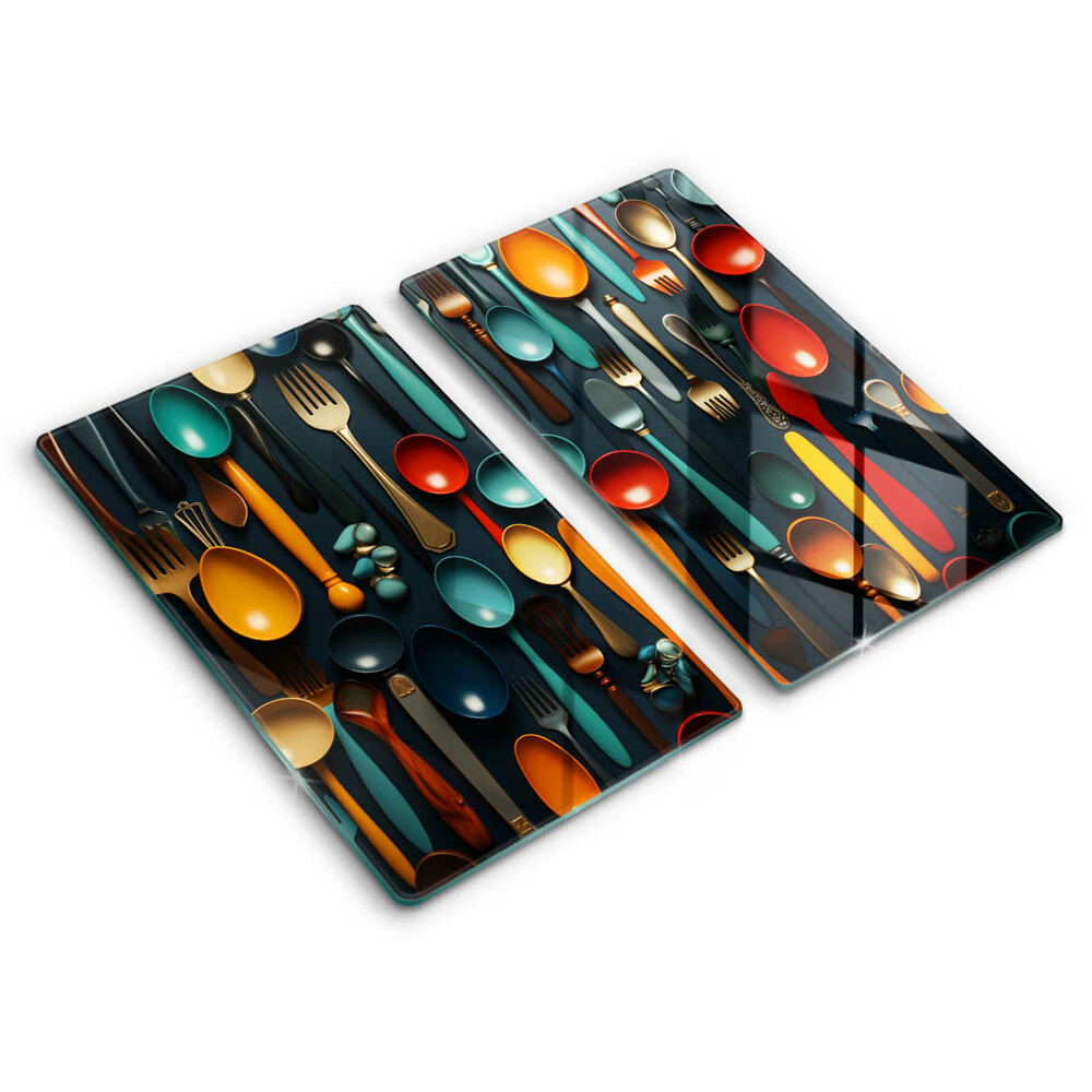 Chopping board Colorful spoons and forks