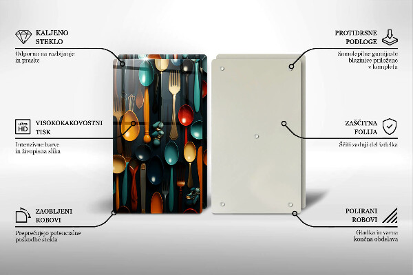 Chopping board Colorful spoons and forks