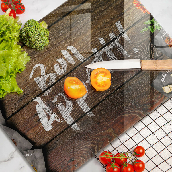Chopping board glass Boards inscription Bon Appetit