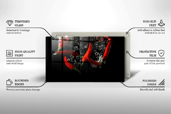 Chopping board glass Chili peppers in water