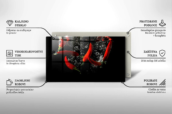 Chopping board glass Chili peppers in water
