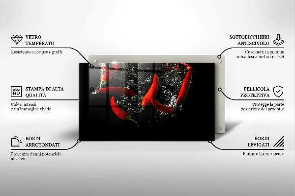 Chopping board glass Chili peppers in water