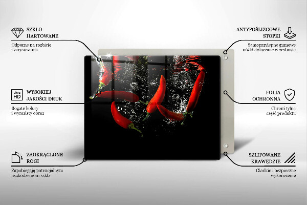 Chopping board glass Chili peppers in water