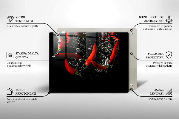 Chopping board glass Chili peppers in water