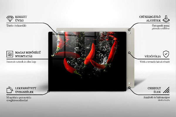 Chopping board glass Chili peppers in water