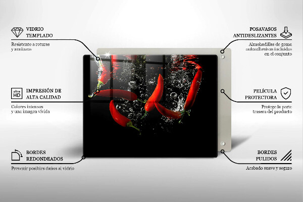 Chopping board glass Chili peppers in water