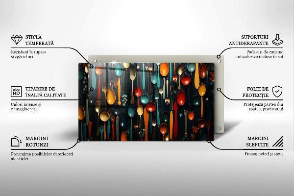 Chopping board Colorful spoons and forks