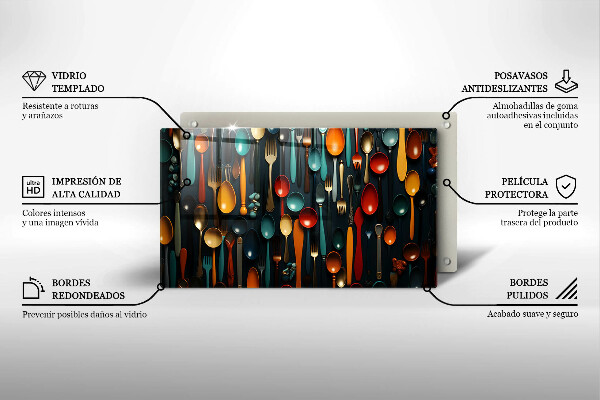 Chopping board Colorful spoons and forks