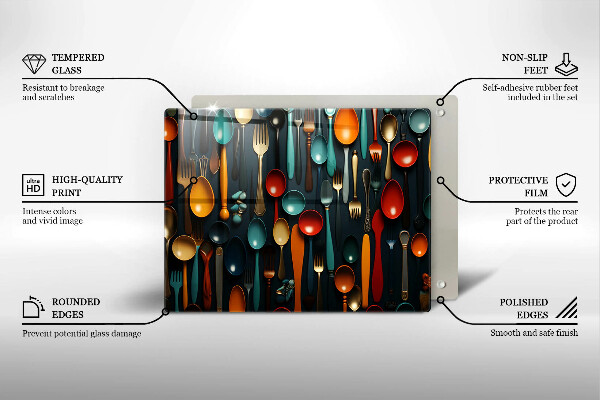 Chopping board Colorful spoons and forks