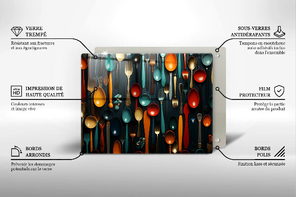 Chopping board Colorful spoons and forks