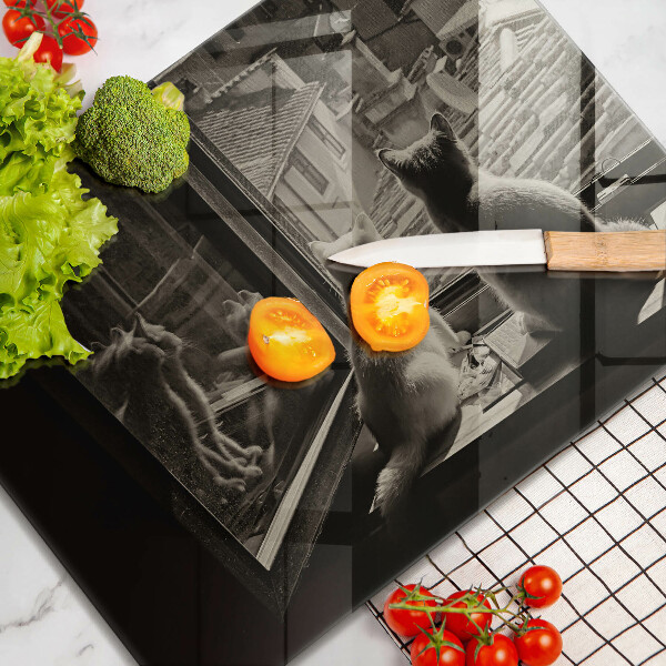 Chopping board glass Cats city and window