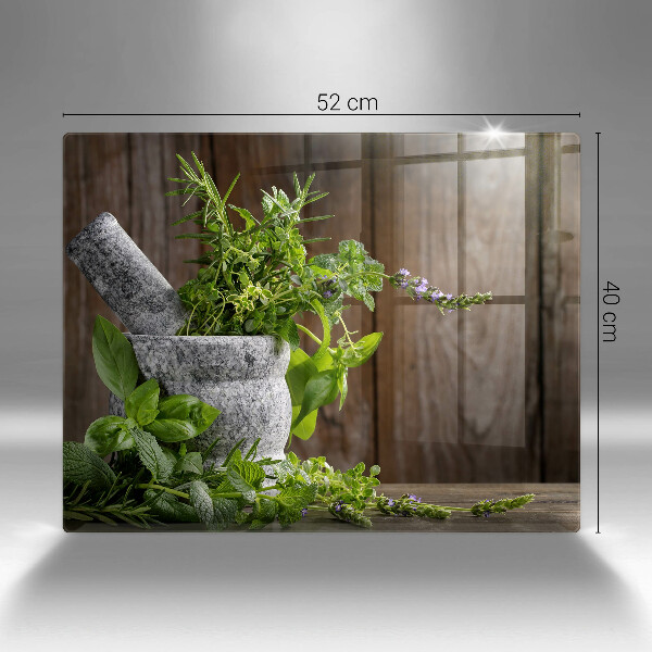 Chopping board glass Herbs plants and wood