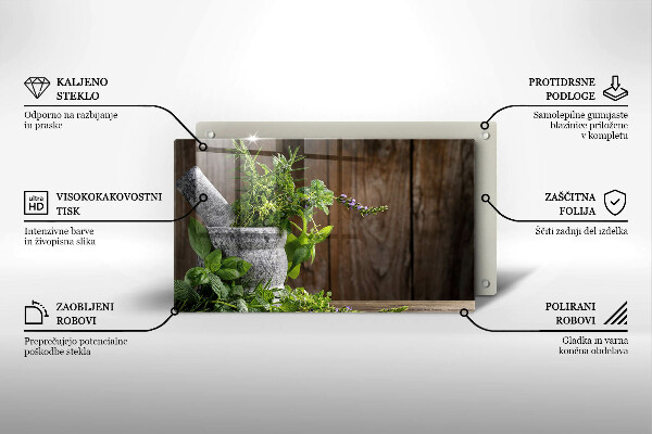 Chopping board glass Herbs plants and wood