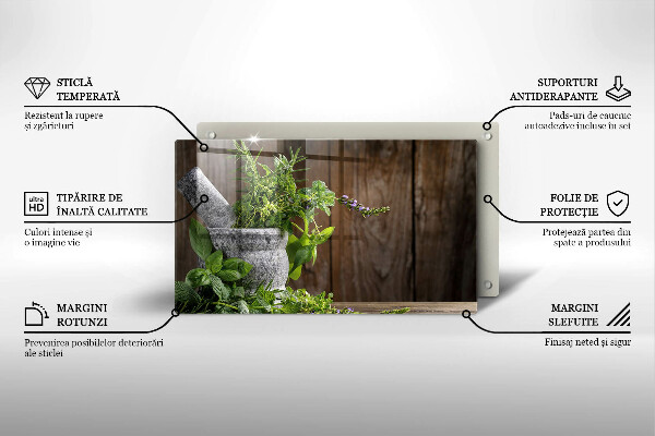 Chopping board glass Herbs plants and wood