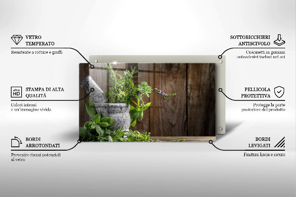 Chopping board glass Herbs plants and wood