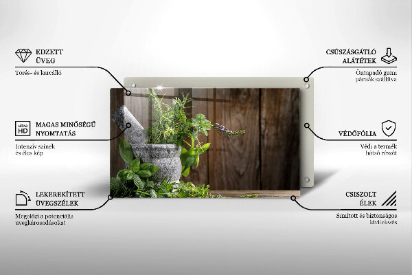 Chopping board glass Herbs plants and wood