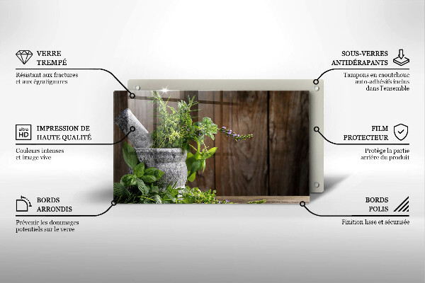 Chopping board glass Herbs plants and wood