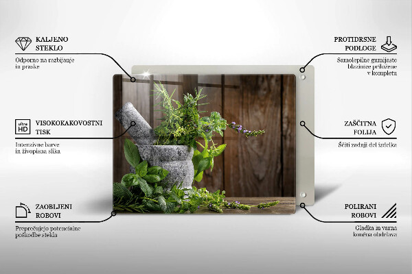 Chopping board glass Herbs plants and wood