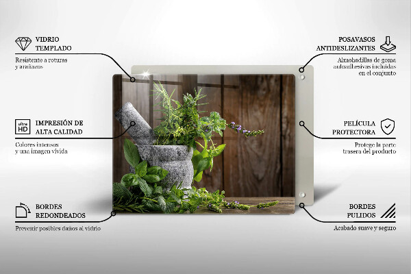 Chopping board glass Herbs plants and wood