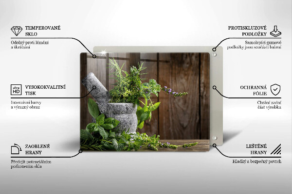 Chopping board glass Herbs plants and wood