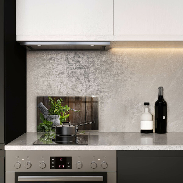 Chopping board glass Herbs plants and wood