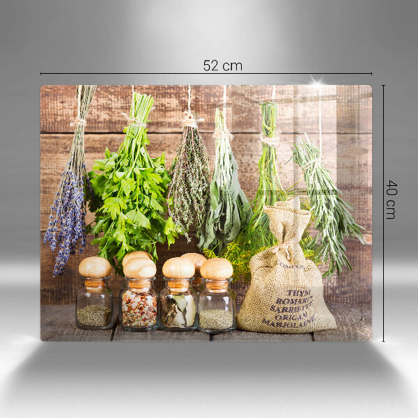 Chopping board glass Herbs spices and wood