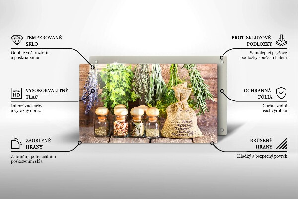 Chopping board glass Herbs spices and wood