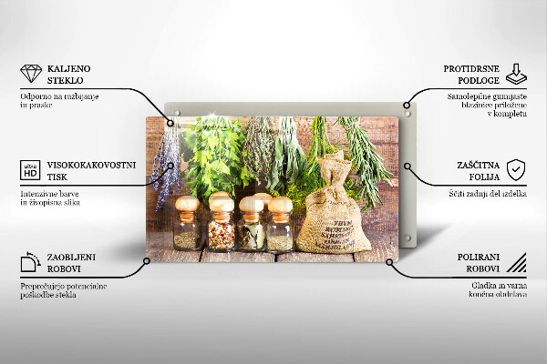 Chopping board glass Herbs spices and wood