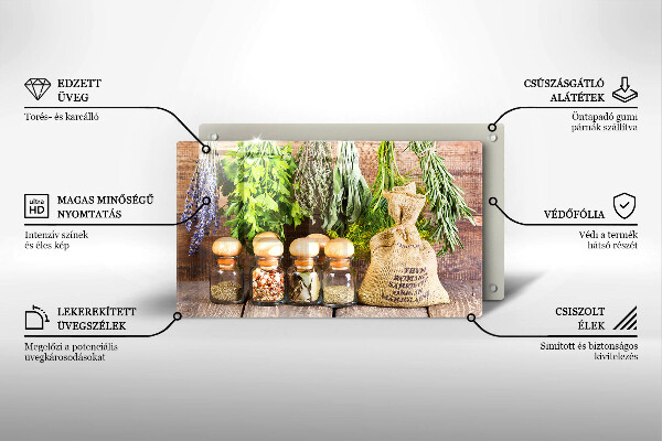 Chopping board glass Herbs spices and wood