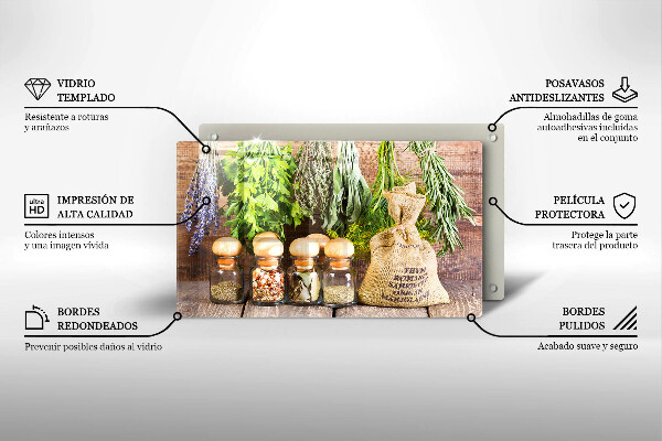 Chopping board glass Herbs spices and wood