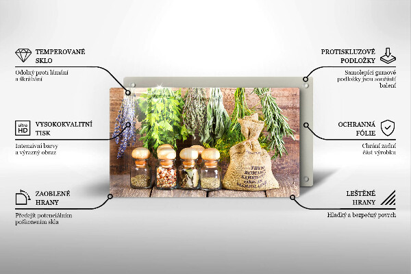 Chopping board glass Herbs spices and wood