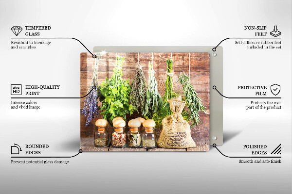 Chopping board glass Herbs spices and wood