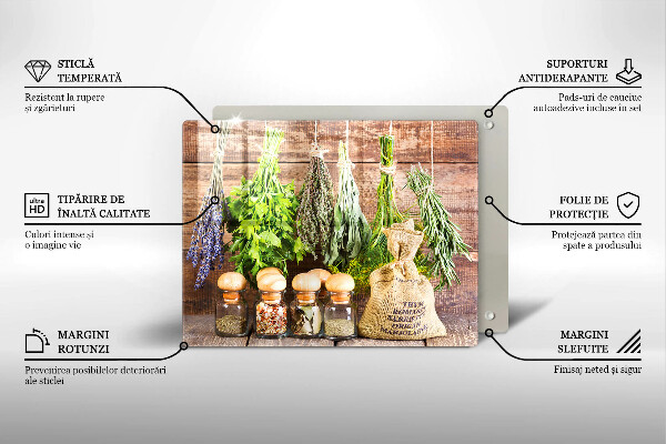 Chopping board glass Herbs spices and wood