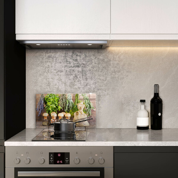 Chopping board glass Herbs spices and wood