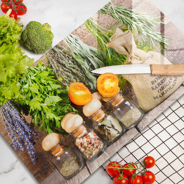 Chopping board glass Herbs spices and wood
