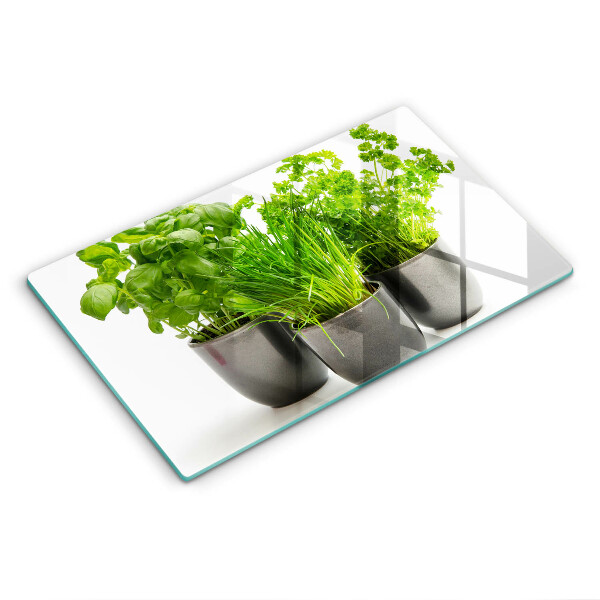 Chopping board glass Potflowers with herbs