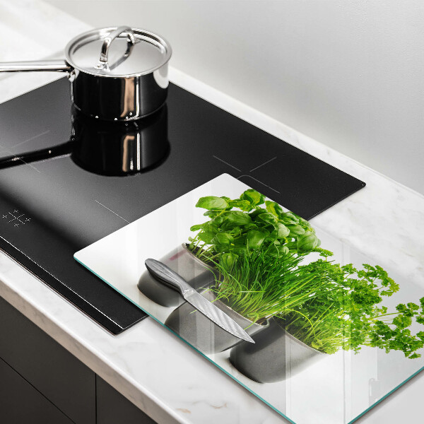 Chopping board glass Potflowers with herbs
