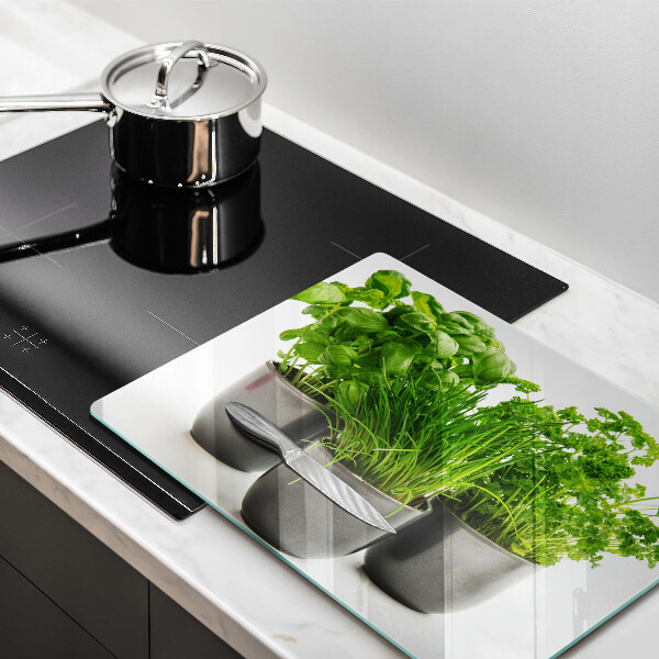 Chopping board glass Potflowers with herbs