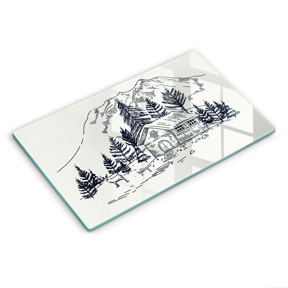 Chopping board glass Drawing a house in the mountains