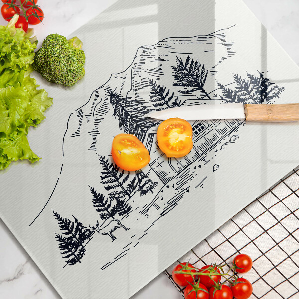 Chopping board glass Drawing a house in the mountains