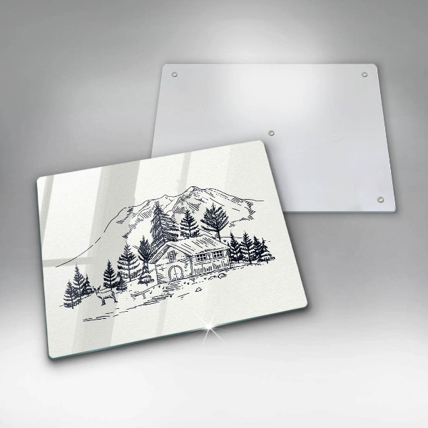 Chopping board glass Drawing a house in the mountains