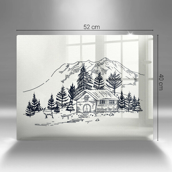 Chopping board glass Drawing a house in the mountains