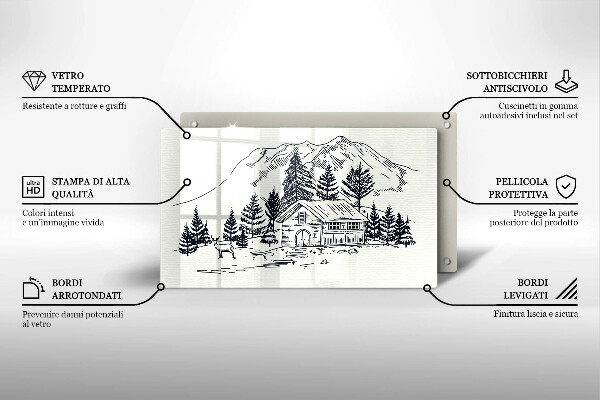 Chopping board glass Drawing a house in the mountains