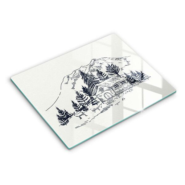 Chopping board glass Drawing a house in the mountains
