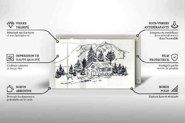Chopping board glass Drawing a house in the mountains