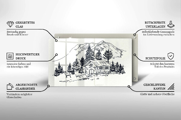 Chopping board glass Drawing a house in the mountains